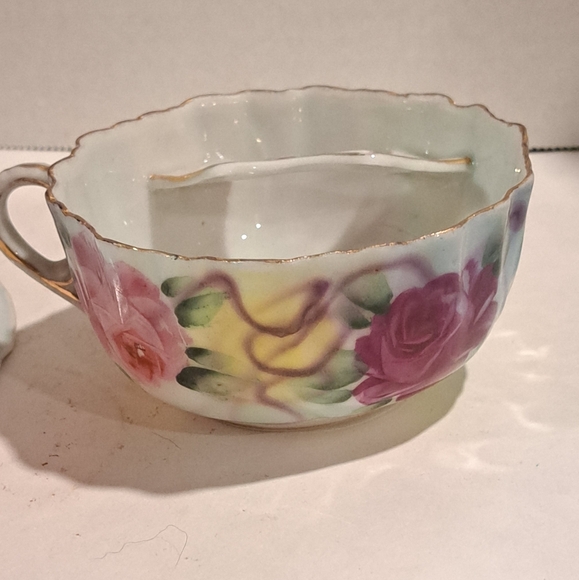 Vintage Mustache Cup & Saucer Shabby Pink Red and Yellow Roses Gold Accent. - Picture 3 of 8